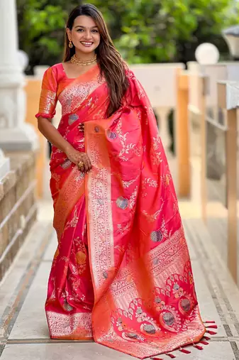 Dark Peach Banarasi Floral silk blend Saree