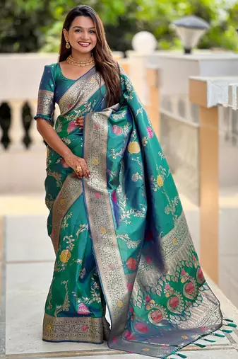 Emerald Green Banarasi Floral silk blend Saree