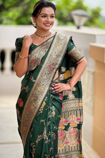 Dark Green Banarasi Floral silk blend Saree