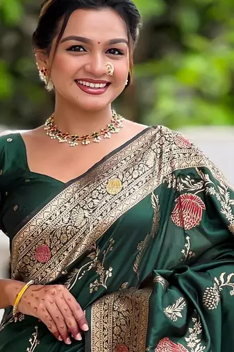 Dark Green Banarasi Floral silk blend Saree
