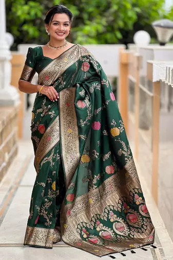 Dark Green Banarasi Floral silk blend Saree