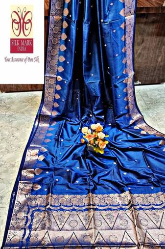 Blue manipuri pure silk saree with blouse piece
