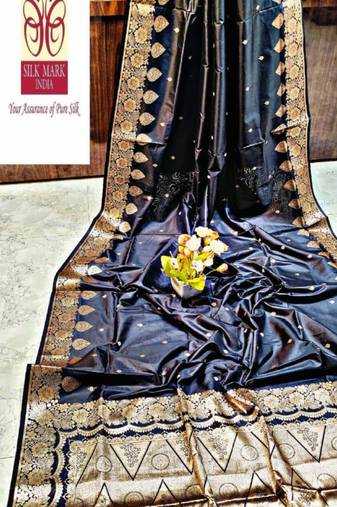 Navy blue manipuri pure silk saree with blouse piece