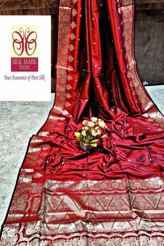 Red manipuri pure silk saree with blouse piece
