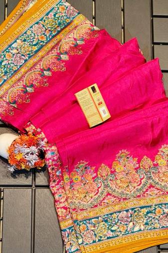 Pink pure karni tussar silk saree with blouse piece