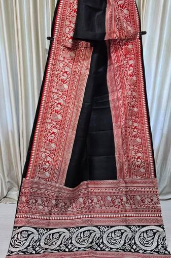 Black pure murshidabad silk saree with blouse piece