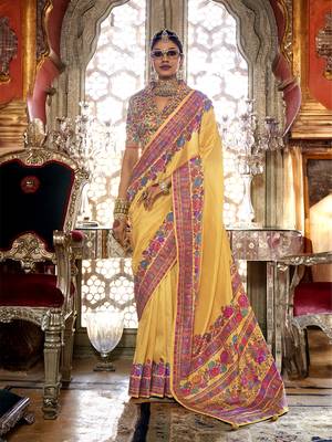 Golden yellow poly viscose silk pashmina saree with printed floral motifs saree 1