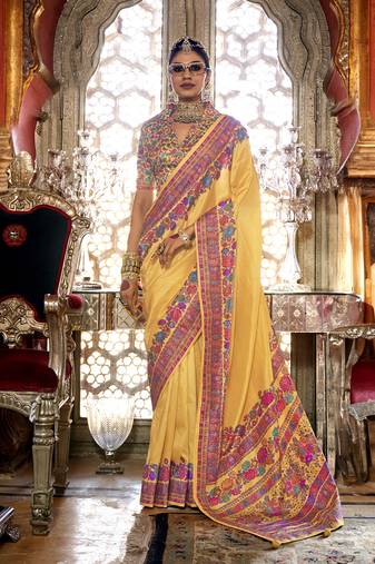 Golden yellow poly viscose silk pashmina saree with printed floral motifs saree