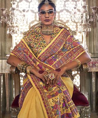 Golden yellow poly viscose silk pashmina saree with printed floral motifs saree 2