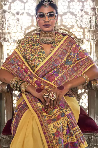 Golden yellow poly viscose silk pashmina saree with printed floral motifs saree