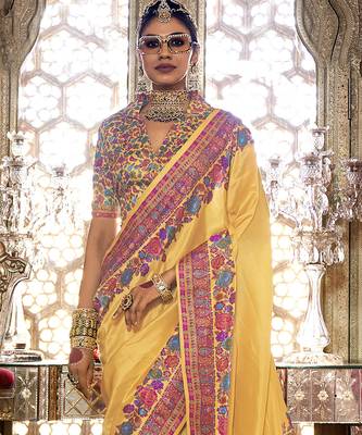 Golden yellow poly viscose silk pashmina saree with printed floral motifs saree 3