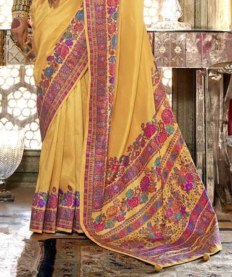 Golden yellow poly viscose silk pashmina saree with printed floral motifs saree 4