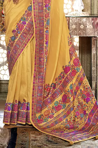 Golden yellow poly viscose silk pashmina saree with printed floral motifs saree