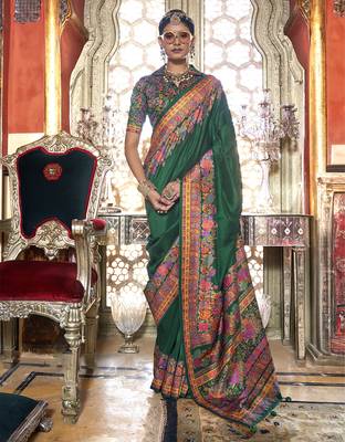 Dark green poly viscose silk pashmina saree with printed floral motifs saree 1