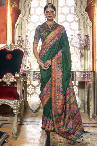 Dark green poly viscose silk pashmina saree with printed floral motifs saree