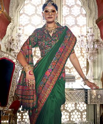 Dark green poly viscose silk pashmina saree with printed floral motifs saree 2
