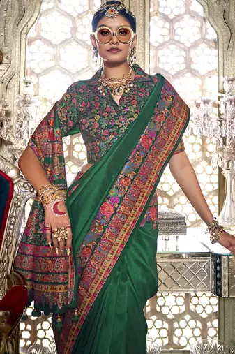 Dark green poly viscose silk pashmina saree with printed floral motifs saree