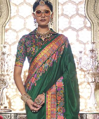 Dark green poly viscose silk pashmina saree with printed floral motifs saree 3