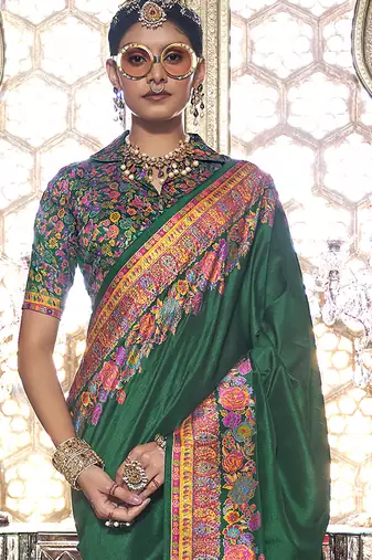 Dark green poly viscose silk pashmina saree with printed floral motifs saree