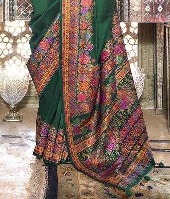 Dark green poly viscose silk pashmina saree with printed floral motifs saree 4