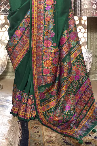 Dark green poly viscose silk pashmina saree with printed floral motifs saree