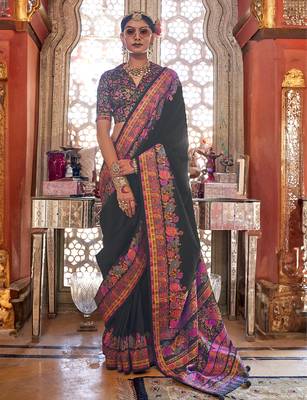 Black poly viscose silk pashmina saree with printed floral motifs saree 1