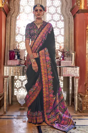 Black poly viscose silk pashmina saree with printed floral motifs saree