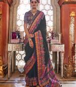 Black poly viscose silk pashmina saree with printed floral motifs saree