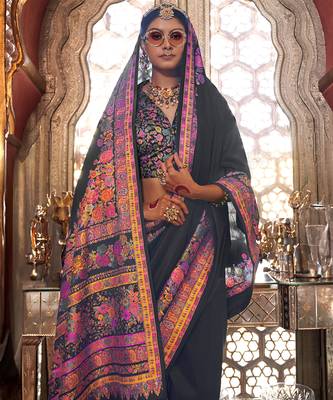 Black poly viscose silk pashmina saree with printed floral motifs saree 2