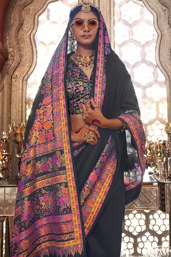Black poly viscose silk pashmina saree with printed floral motifs saree