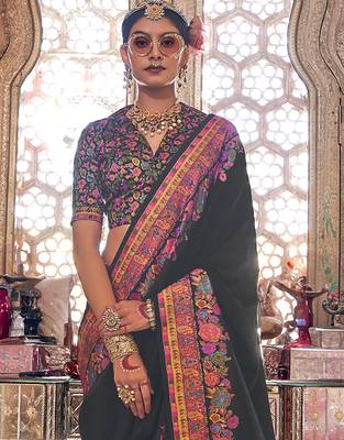 Black poly viscose silk pashmina saree with printed floral motifs saree 3