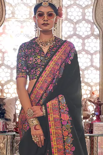 Black poly viscose silk pashmina saree with printed floral motifs saree