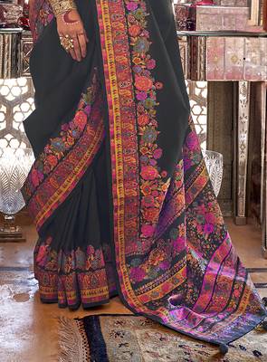 Black poly viscose silk pashmina saree with printed floral motifs saree 4