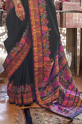 Black poly viscose silk pashmina saree with printed floral motifs saree