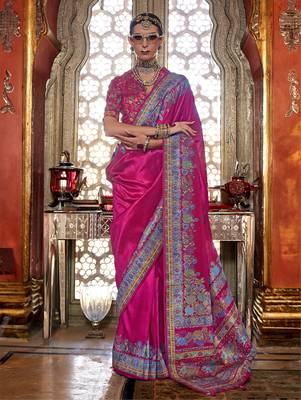 Rani pink poly viscose silk pashmina saree with printed floral motifs saree 1
