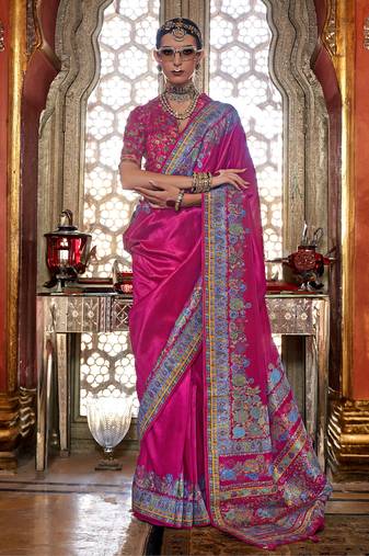 Rani pink poly viscose silk pashmina saree with printed floral motifs saree