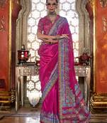 Rani pink poly viscose silk pashmina saree with printed floral motifs saree