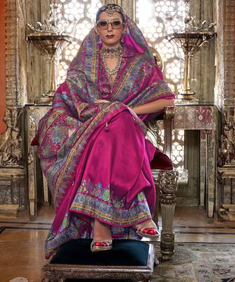 Rani pink poly viscose silk pashmina saree with printed floral motifs saree 2