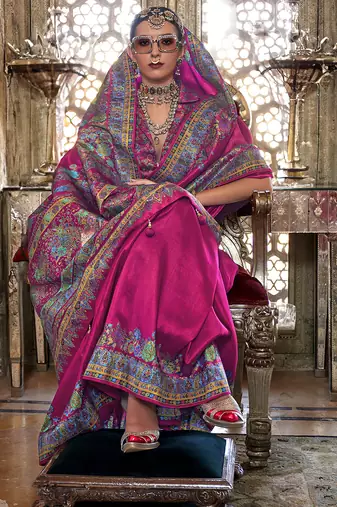 Rani pink poly viscose silk pashmina saree with printed floral motifs saree