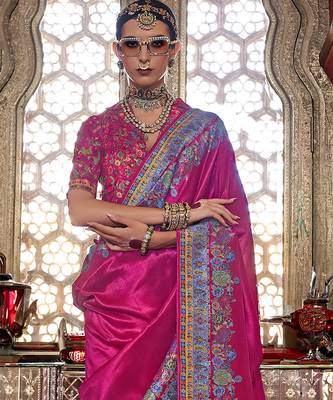 Rani pink poly viscose silk pashmina saree with printed floral motifs saree 3