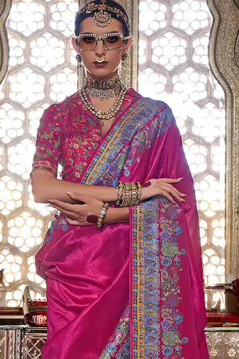Rani pink poly viscose silk pashmina saree with printed floral motifs saree