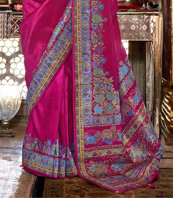 Rani pink poly viscose silk pashmina saree with printed floral motifs saree 4