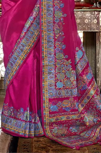 Rani pink poly viscose silk pashmina saree with printed floral motifs saree