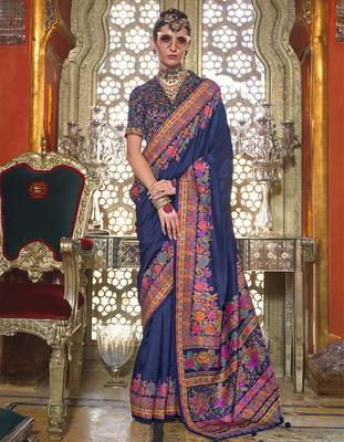 Navy blue poly viscose silk pashmina saree with printed floral motifs saree 1
