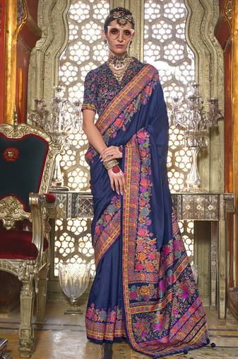Navy blue poly viscose silk pashmina saree with printed floral motifs saree