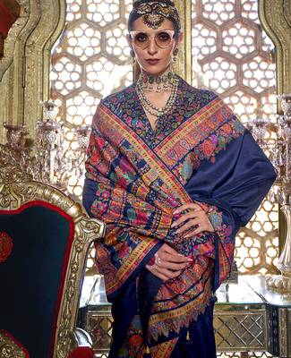 Navy blue poly viscose silk pashmina saree with printed floral motifs saree 2