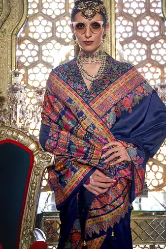 Navy blue poly viscose silk pashmina saree with printed floral motifs saree