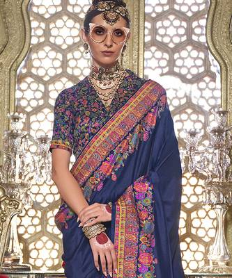Navy blue poly viscose silk pashmina saree with printed floral motifs saree 3