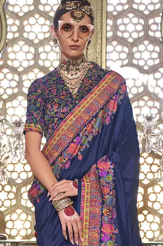Navy blue poly viscose silk pashmina saree with printed floral motifs saree