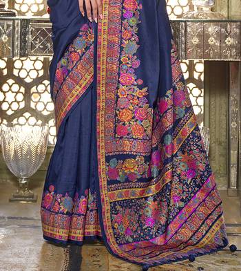 Navy blue poly viscose silk pashmina saree with printed floral motifs saree 4